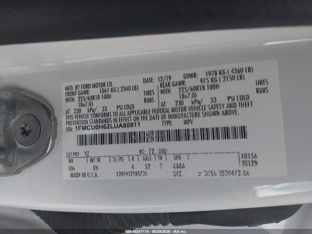 1FMCU0H62LUA80811 2020 FORD ESCAPE photo no. 9