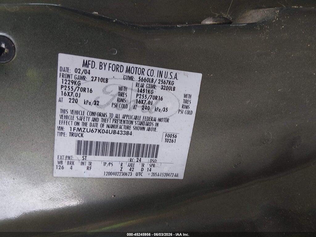 1FMZU67K04UB43384 2004 FORD EXPLORER SPORT TRAC photo no. 9