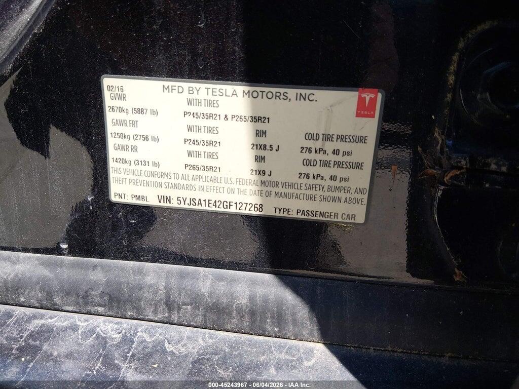 5YJSA1E42GF127268 2016 TESLA MODEL S photo no. 9