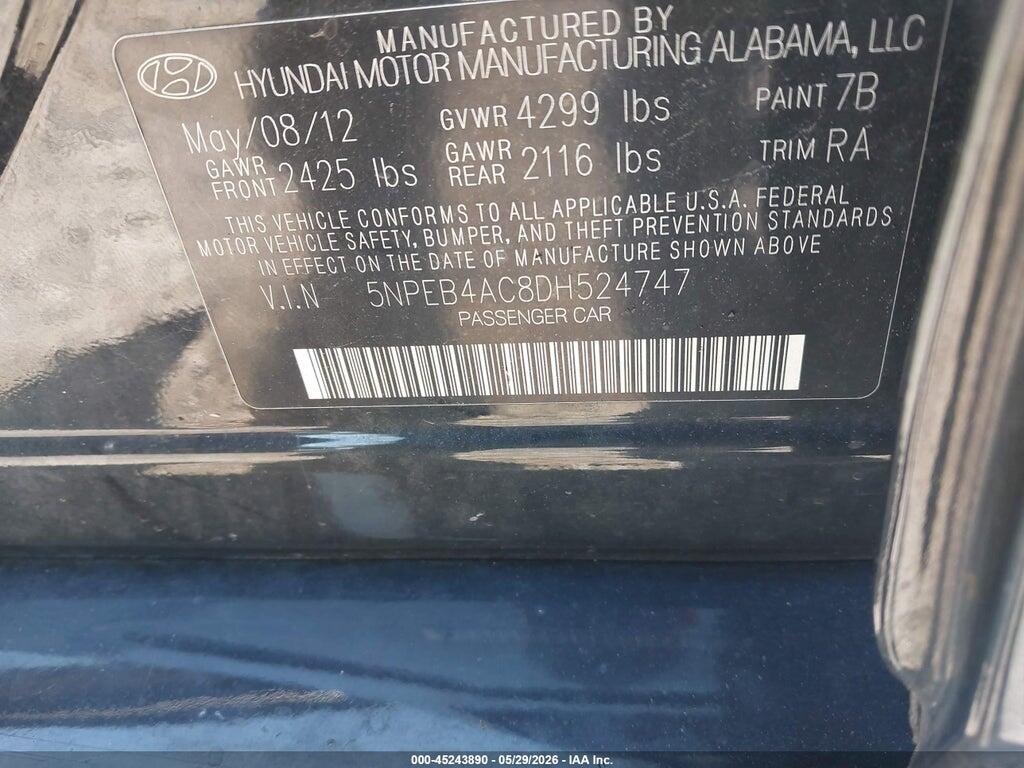 5NPEB4AC8DH524747 2013 HYUNDAI SONATA photo no. 9