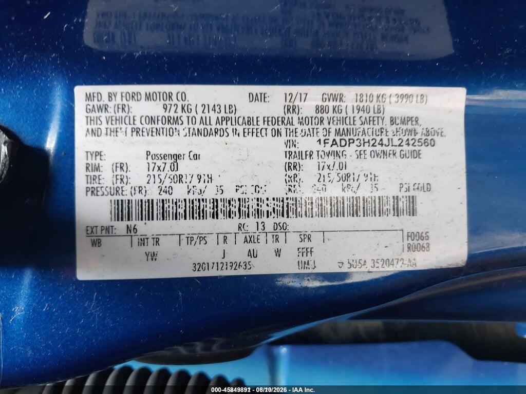 1FADP3H24JL242560 2018 FORD FOCUS photo no. 9