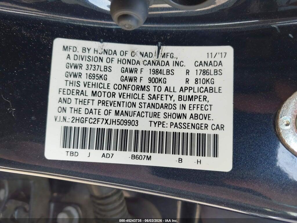 2HGFC2F7XJH509903 2018 HONDA CIVIC photo no. 9