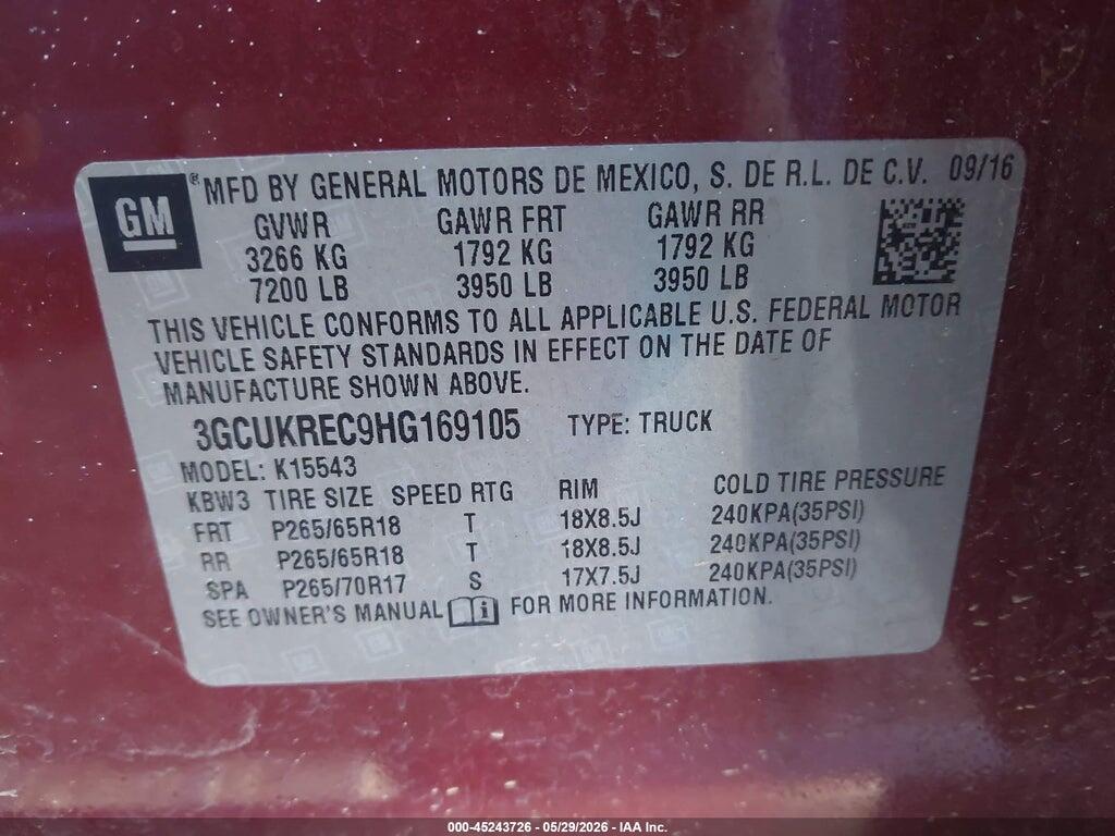 3GCUKREC9HG169105 2017 CHEVROLET SILVERADO 1500 photo no. 9