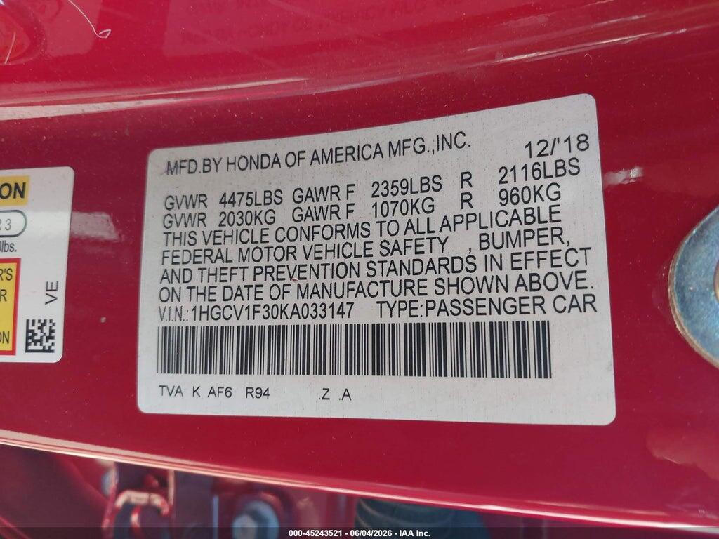 1HGCV1F30KA033147 2019 HONDA ACCORD photo no. 9