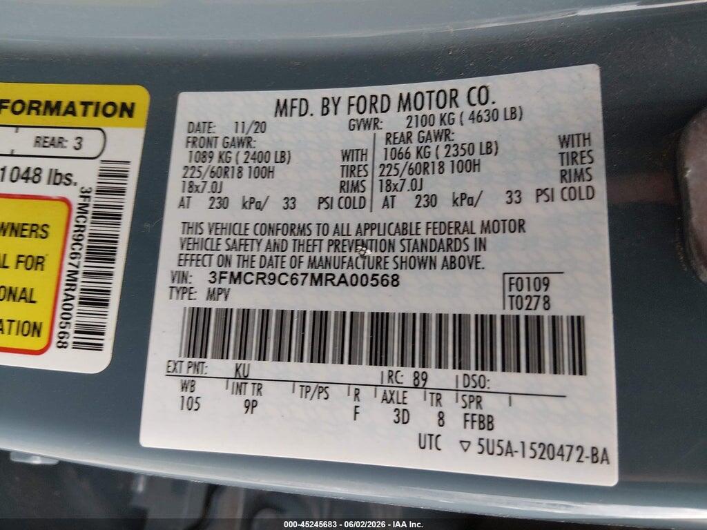 3FMCR9C67MRA00568 2021 FORD BRONCO SPORT photo no. 9