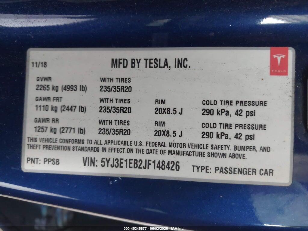 5YJ3E1EB2JF148426 2018 TESLA MODEL 3 photo no. 9