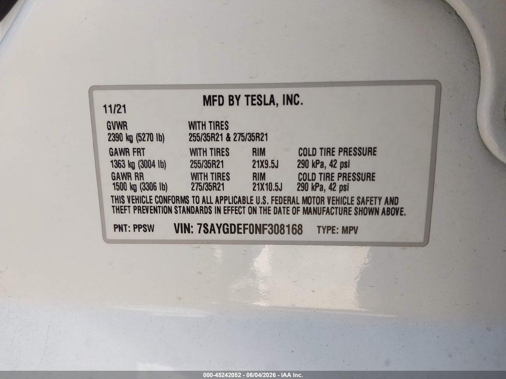 7SAYGDEF0NF308168 2022 TESLA MODEL Y photo no. 9