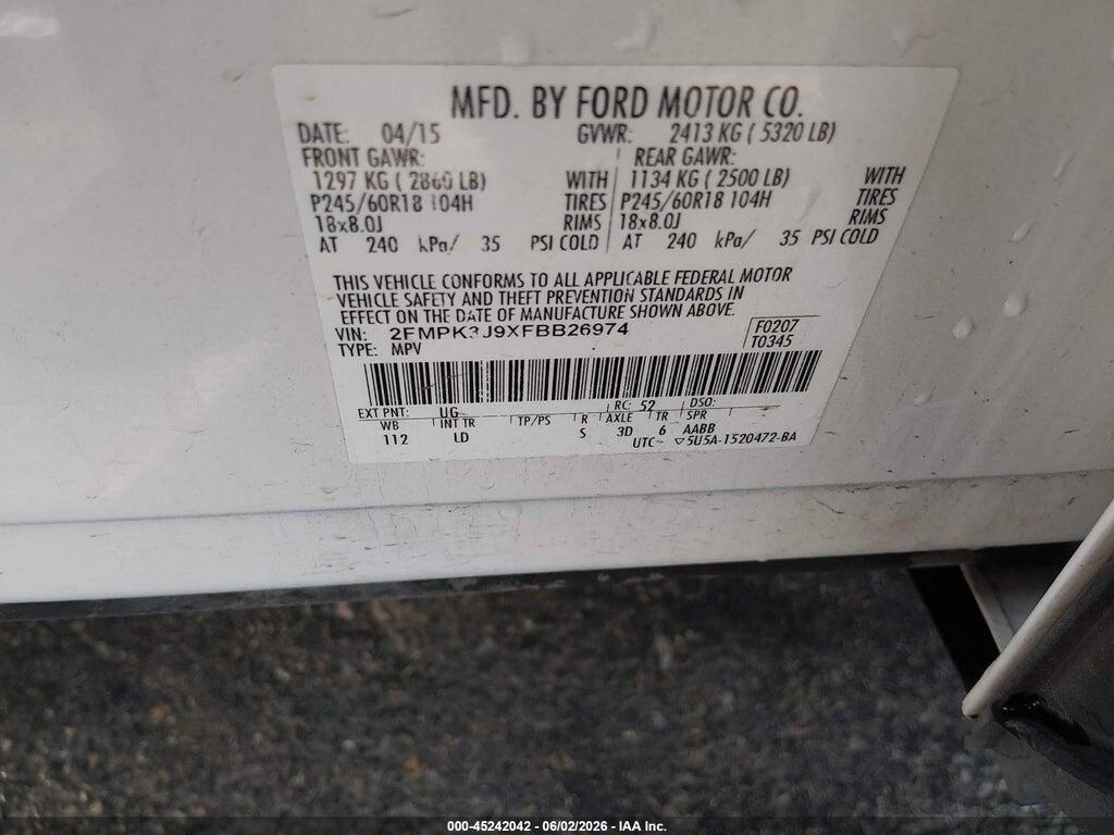 2FMPK3J9XFBB26974 2015 FORD EDGE photo no. 9
