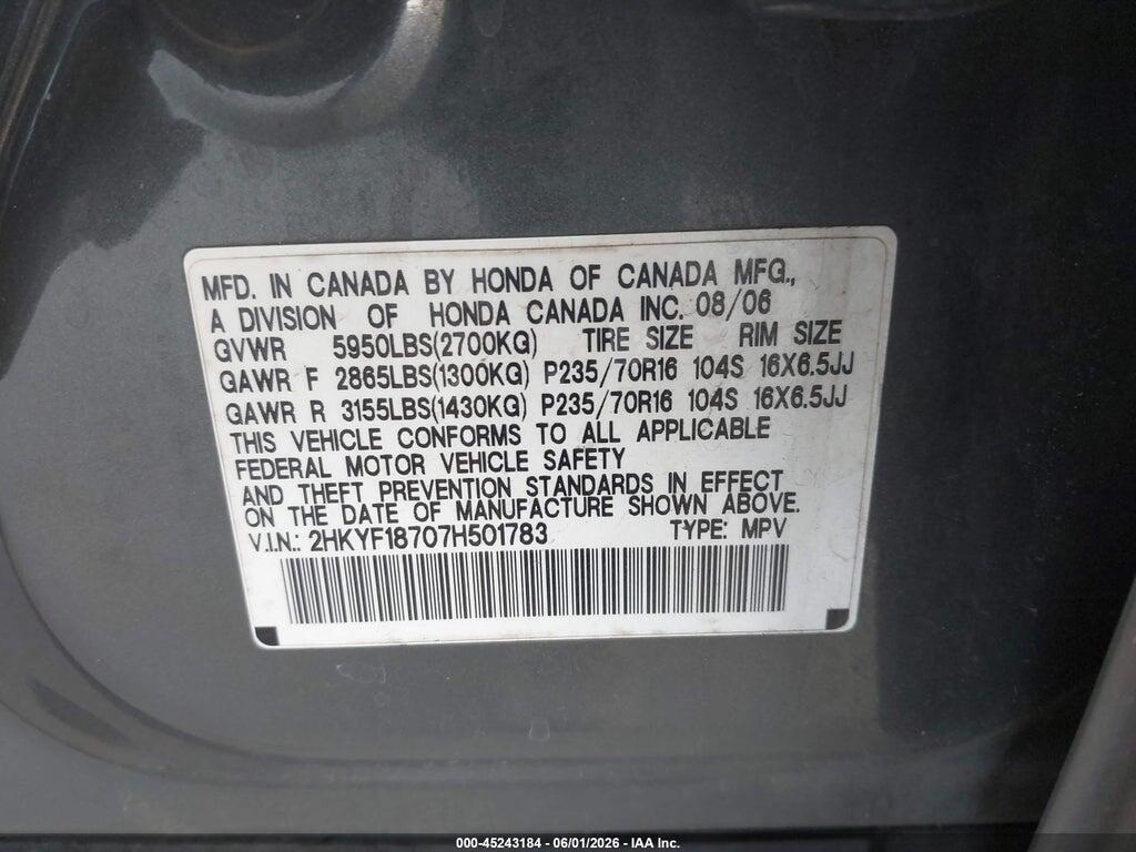 2HKYF18707H501783 2007 HONDA PILOT photo no. 9