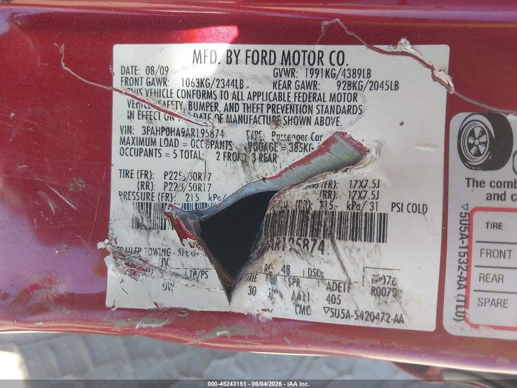 3FAHP0HA9AR195874 2010 FORD FUSION photo no. 9