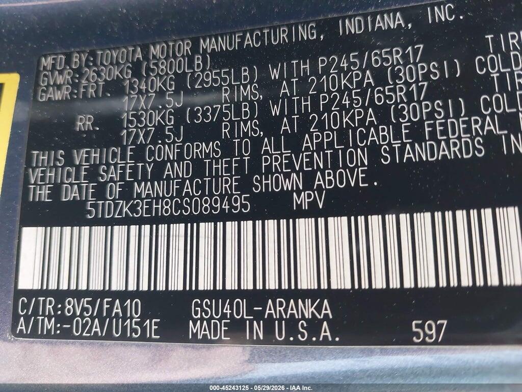 5TDZK3EH8CS089495 2012 TOYOTA HIGHLANDER photo no. 9