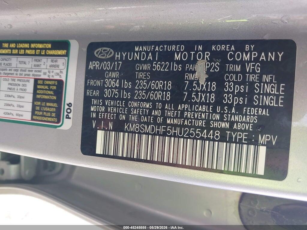 KM8SMDHF5HU255448 2017 HYUNDAI SANTA FE photo no. 9