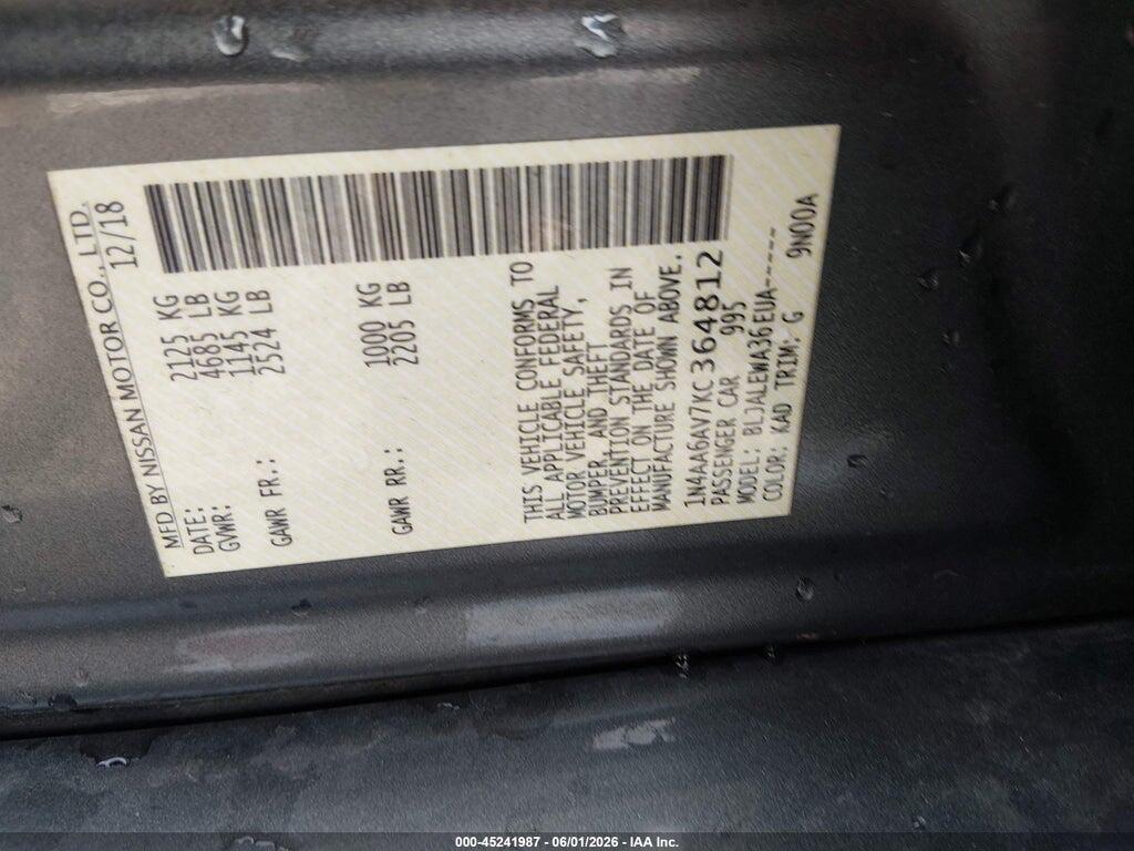 1N4AA6AV7KC364812 2019 NISSAN MAXIMA photo no. 9