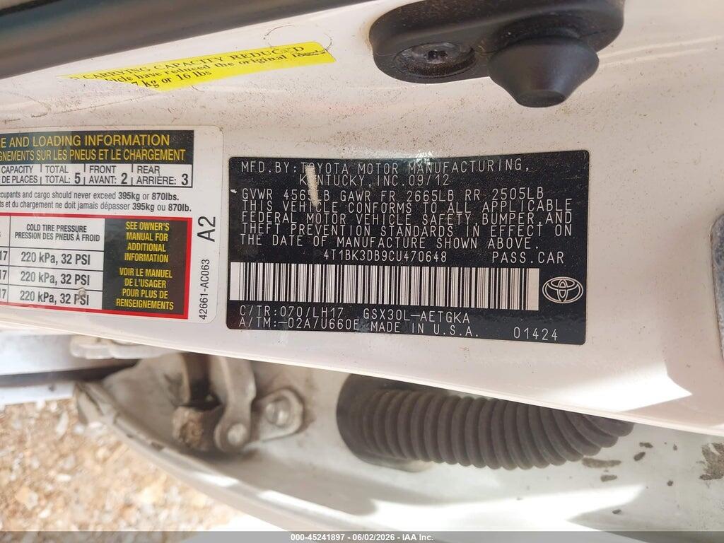 4T1BK3DB9CU470648 2012 TOYOTA AVALON photo no. 9