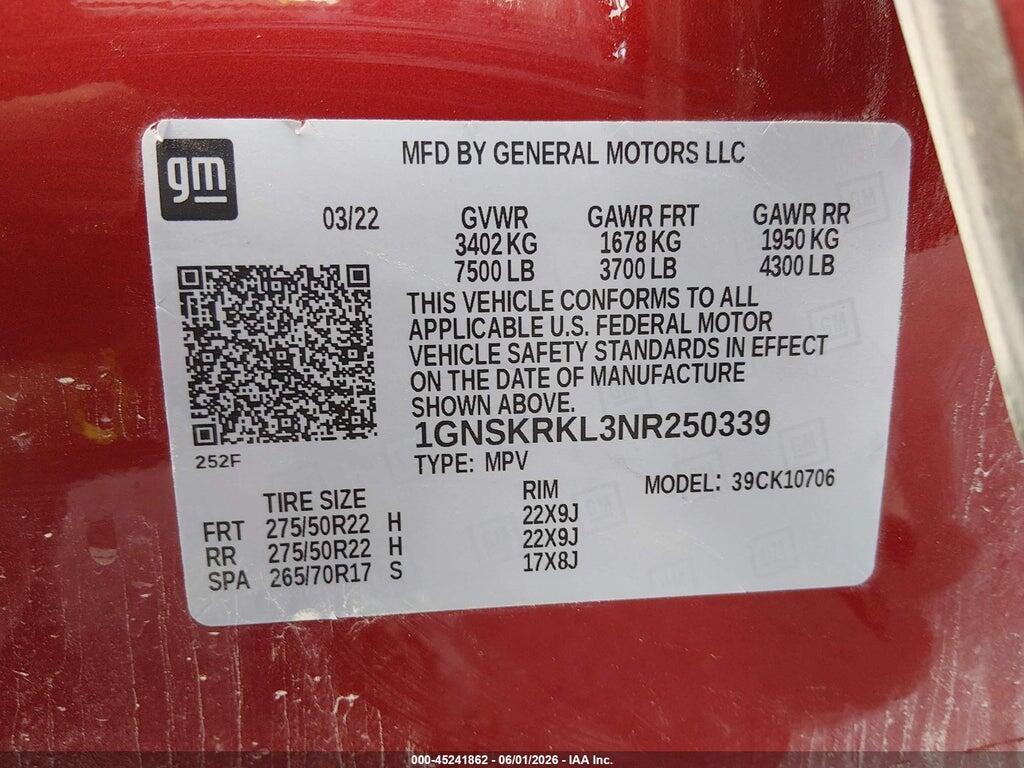 1GNSKRKL3NR250339 2022 CHEVROLET TAHOE photo no. 9