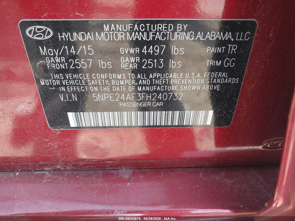 5NPE24AF3FH240732 2015 HYUNDAI SONATA photo no. 9