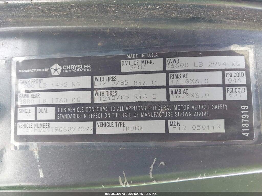 1B7HD24T9GS097592 1986 DODGE D-SERIES photo no. 9