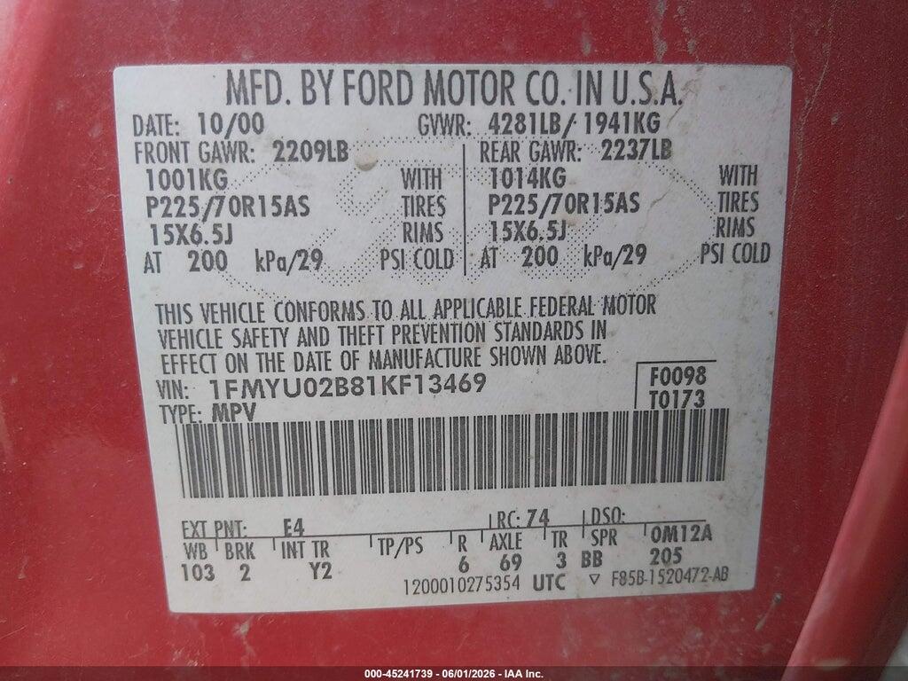 1FMYU02B81KF13469 2001 FORD ESCAPE photo no. 9