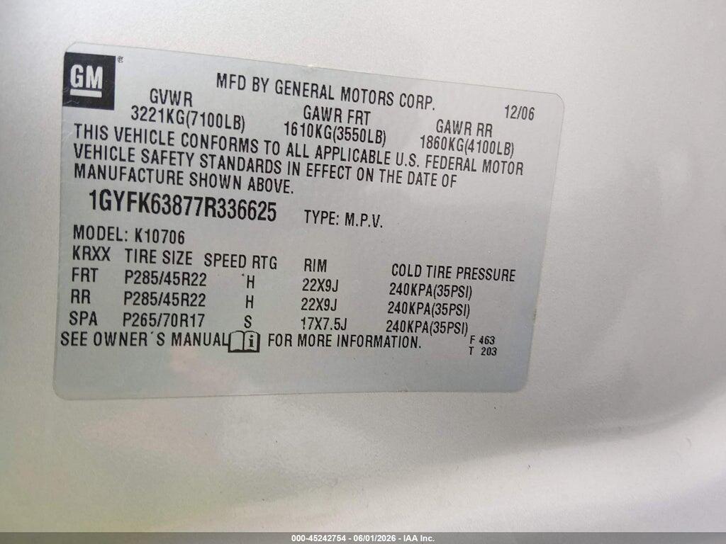 1GYFK63877R336625 2007 CADILLAC ESCALADE photo no. 9