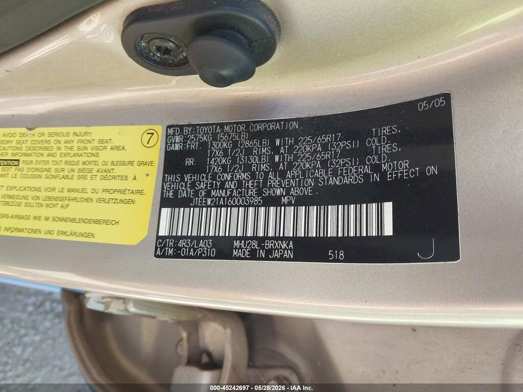 JTEEW21A160003985 2006 TOYOTA HIGHLANDER HYBRID photo no. 9