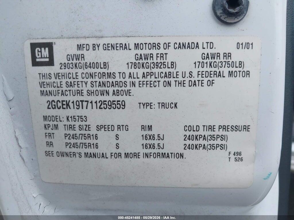 2GCEK19T711259559 2001 CHEVROLET SILVERADO 1500 photo no. 9
