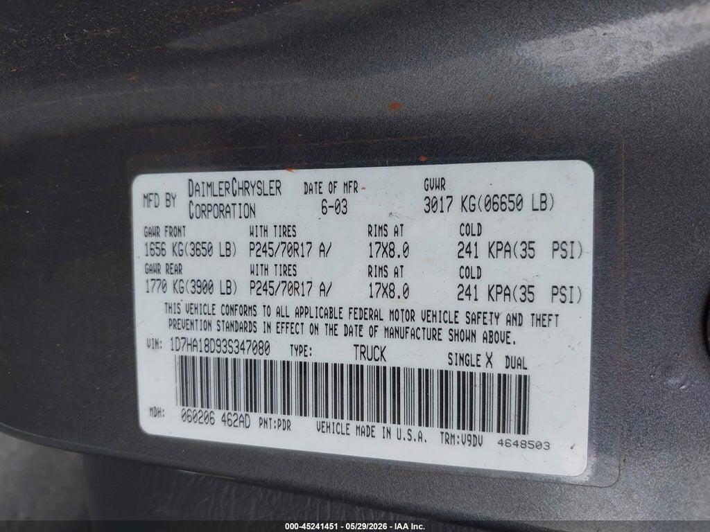 1D7HA18D93S347080 2003 DODGE RAM 1500 photo no. 9