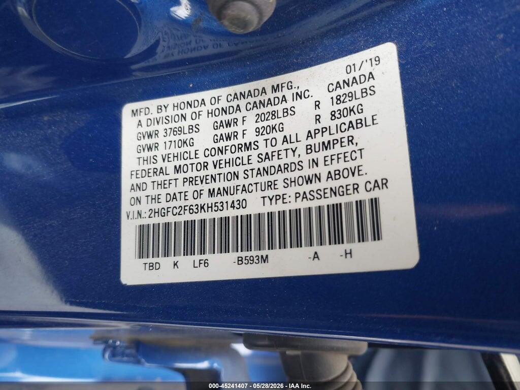 2HGFC2F63KH531430 2019 HONDA CIVIC photo no. 9