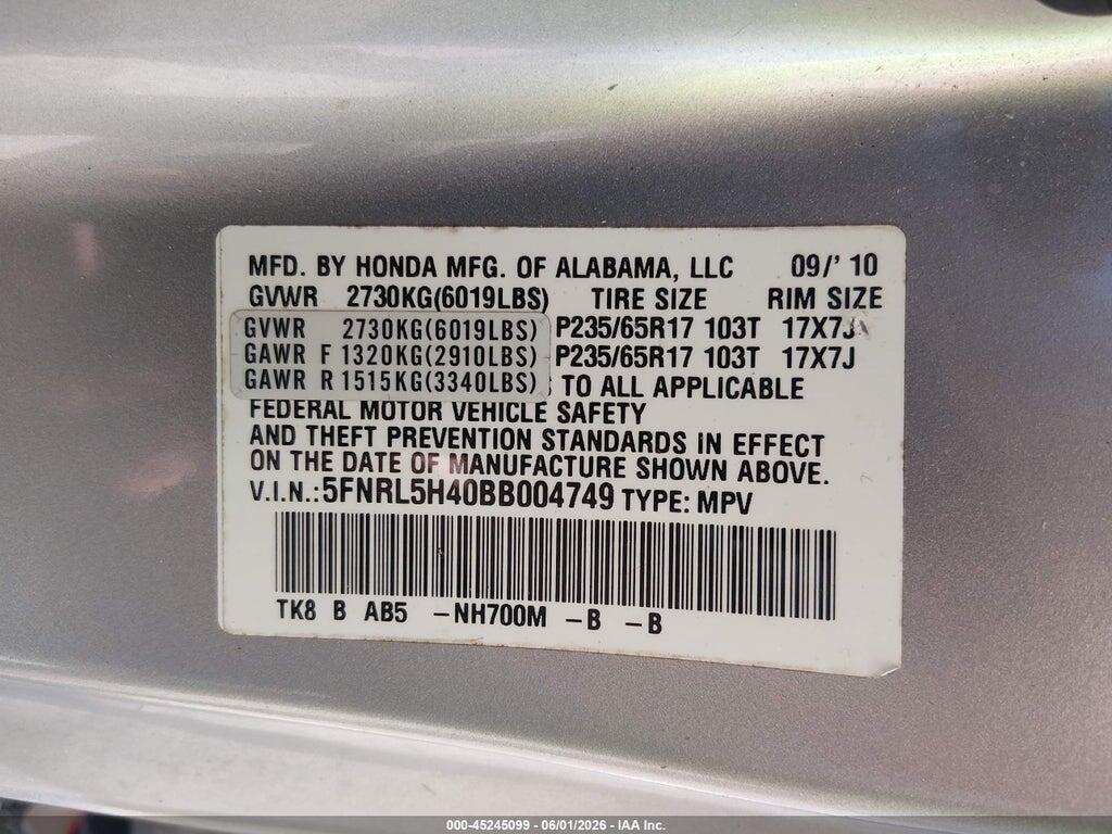 5FNRL5H40BB004749 2011 HONDA ODYSSEY photo no. 9
