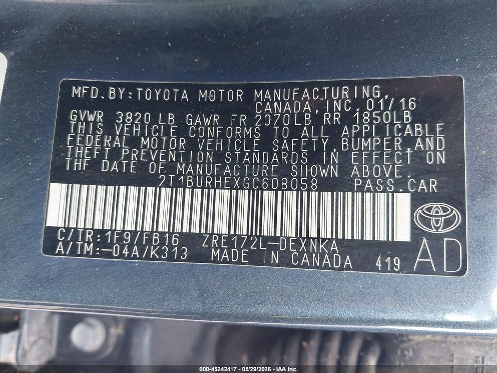 2T1BURHEXGC608058 2016 TOYOTA COROLLA photo no. 9