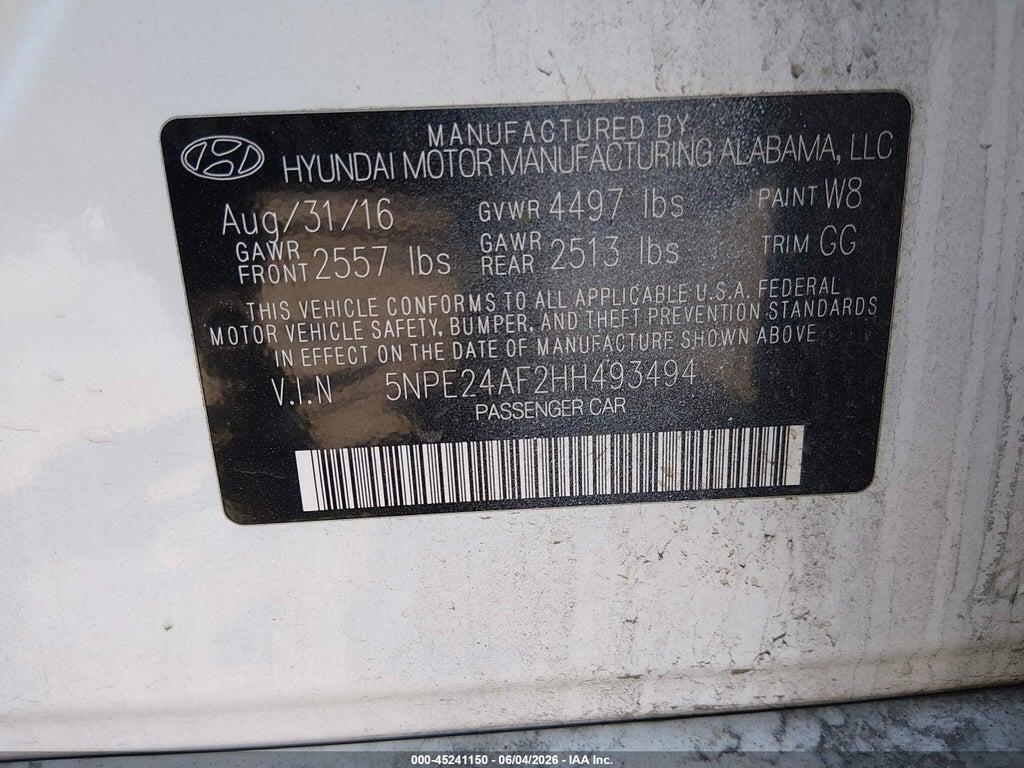 5NPE24AF2HH493494 2017 HYUNDAI SONATA photo no. 9