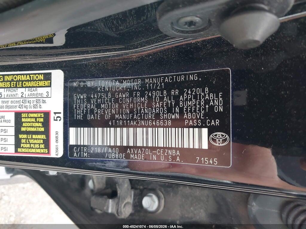 4T1R11AK3NU646638 2022 TOYOTA CAMRY photo no. 9