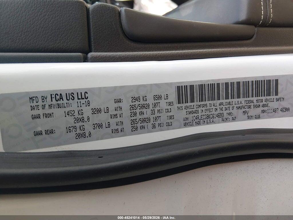 1C4RJECG8KC614693 2019 JEEP GRAND CHEROKEE photo no. 9