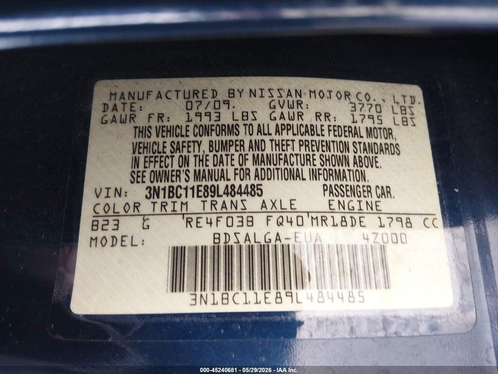 3N1BC11E89L484485 2009 NISSAN VERSA photo no. 9