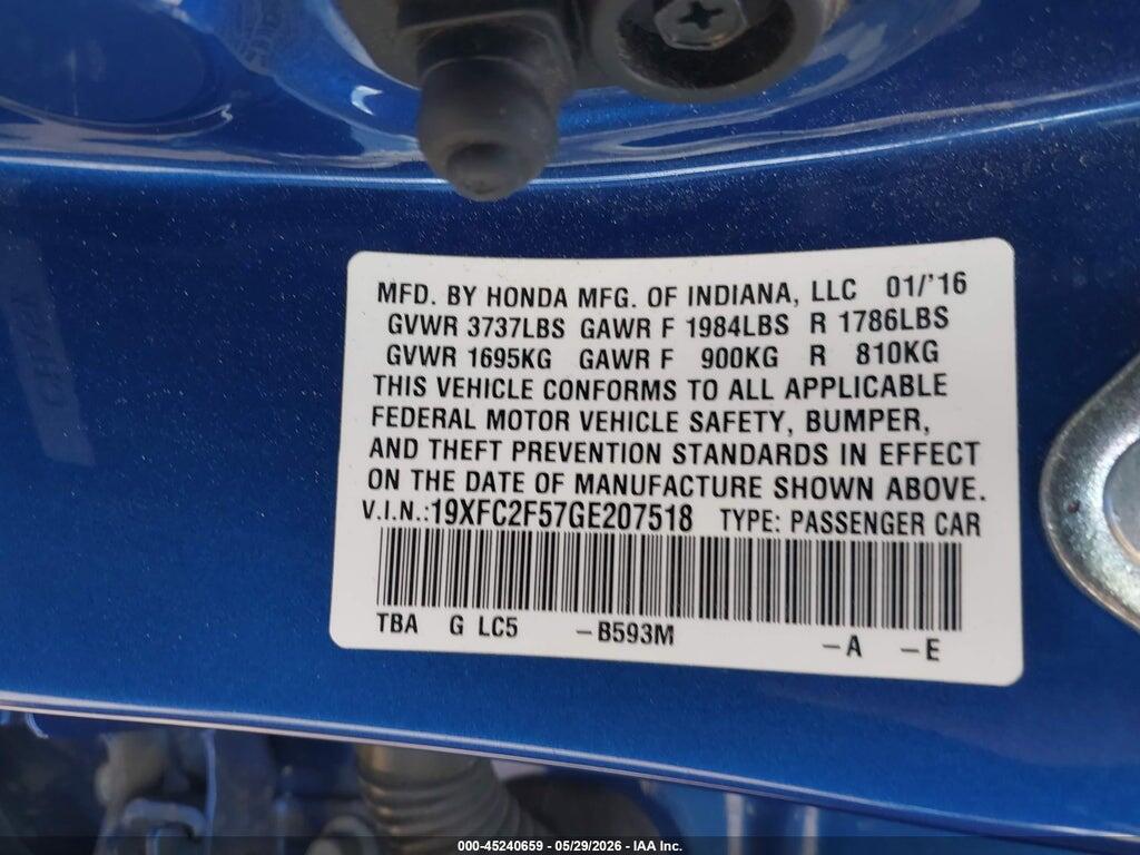 19XFC2F57GE207518 2016 HONDA CIVIC photo no. 9