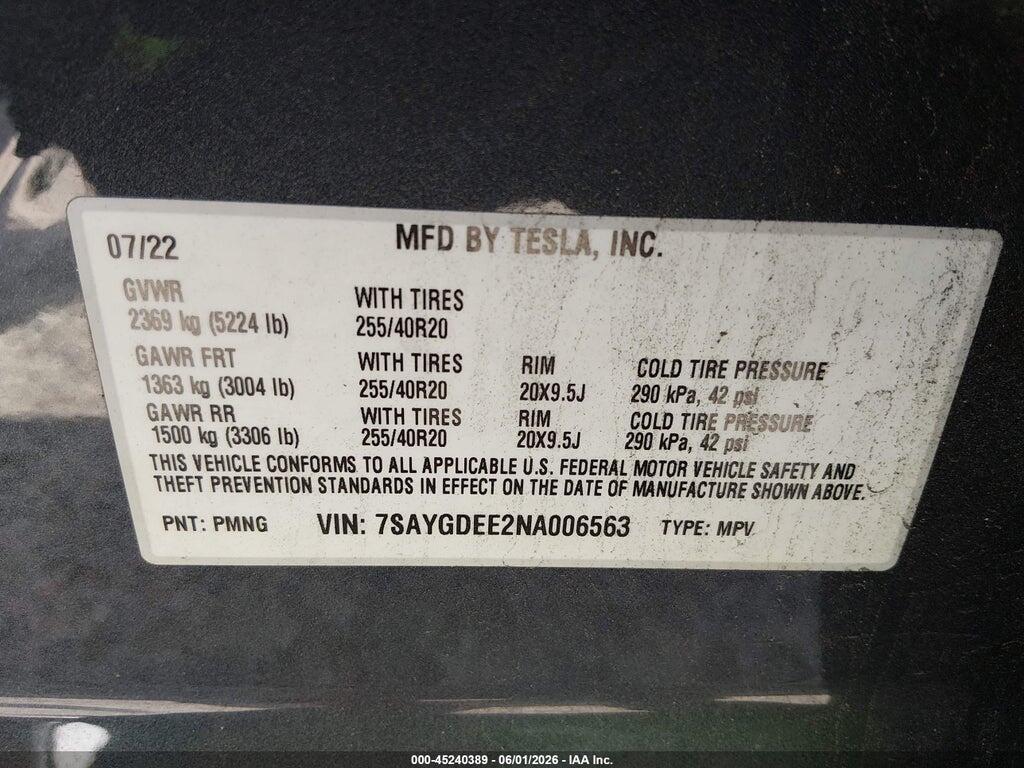 7SAYGDEE2NA006563 2022 TESLA MODEL Y photo no. 9
