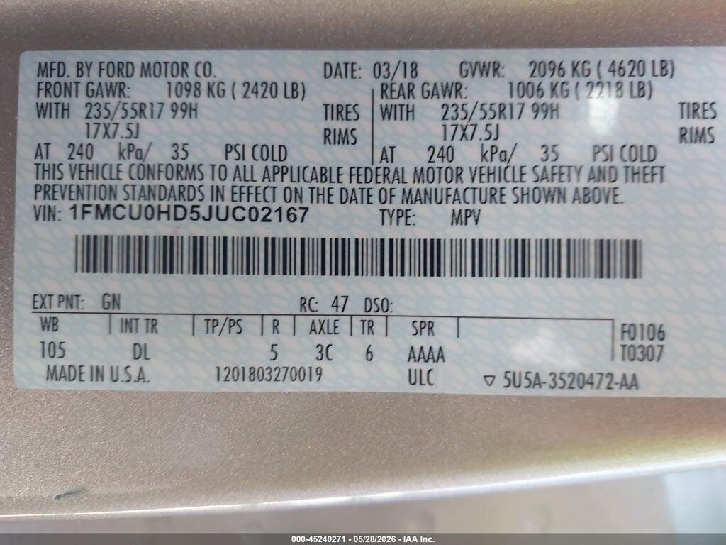 1FMCU0HD5JUC02167 2018 FORD ESCAPE photo no. 9