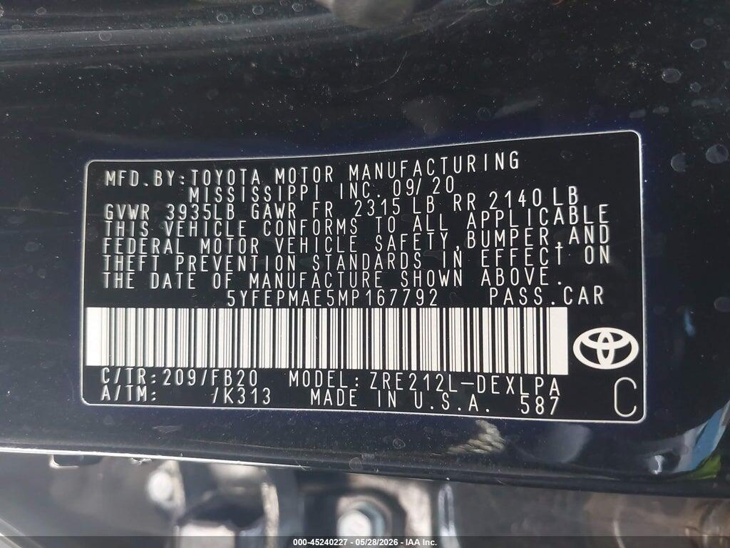 5YFEPMAE5MP167792 2021 TOYOTA COROLLA photo no. 9