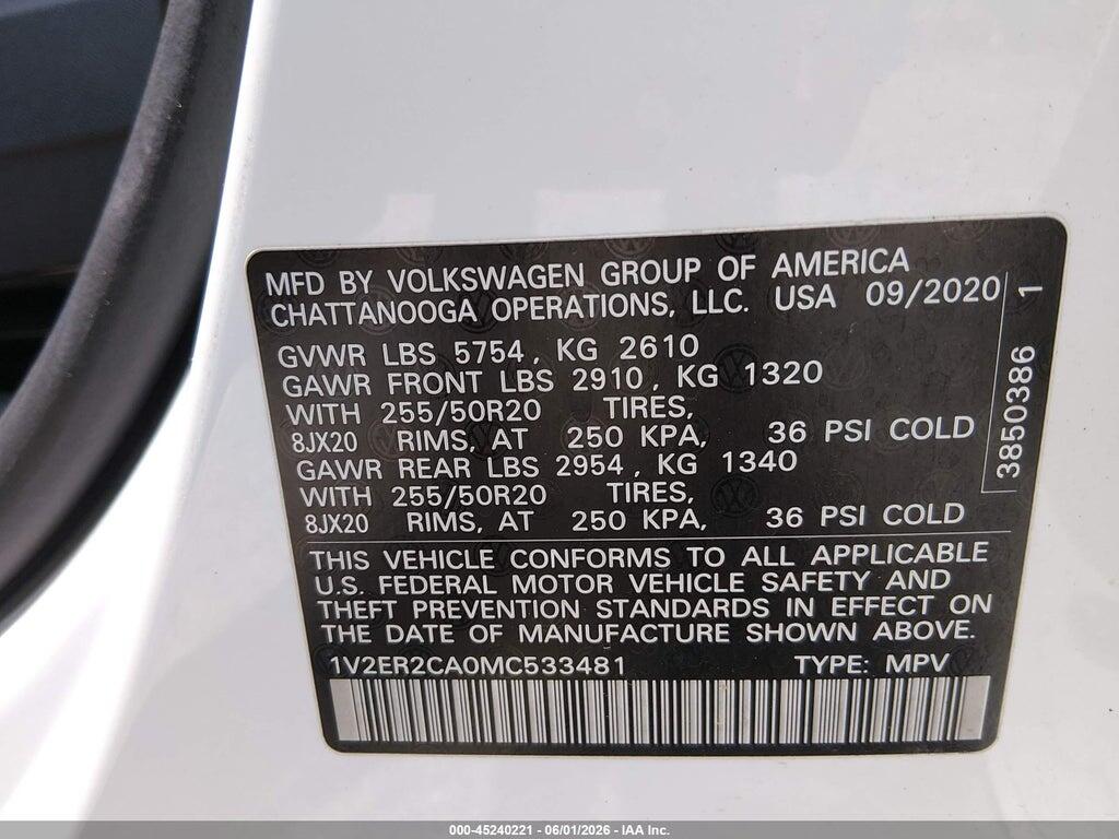1V2ER2CA0MC533481 2021 VOLKSWAGEN ATLAS photo no. 9