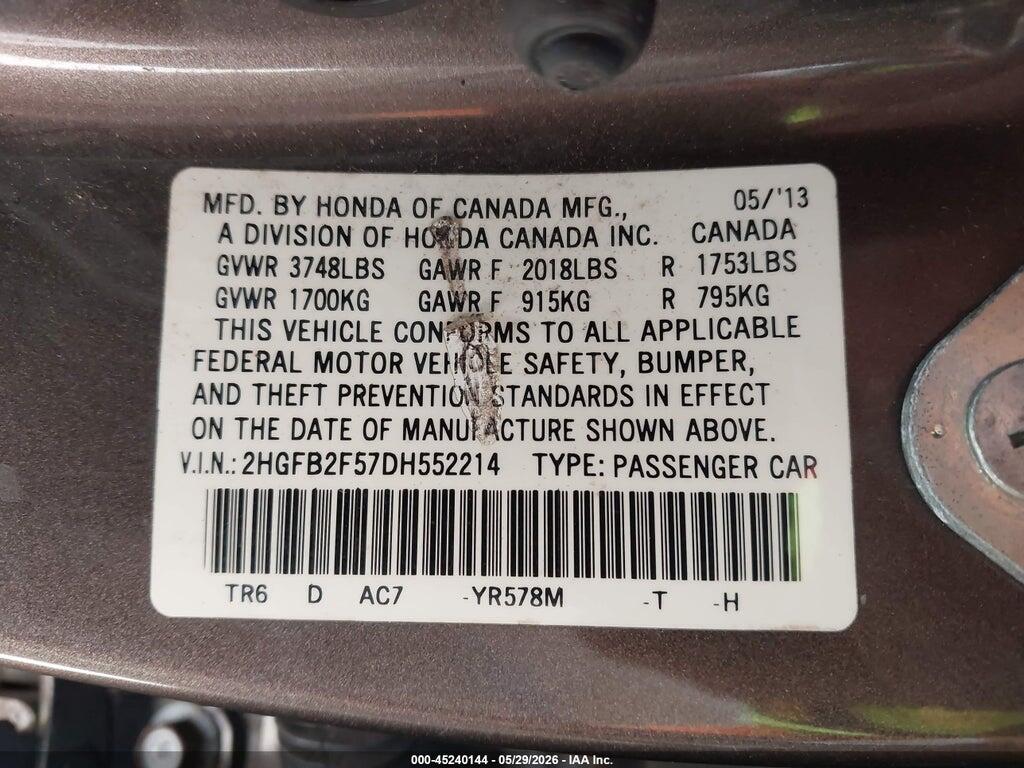 2HGFB2F57DH552214 2013 HONDA CIVIC photo no. 9
