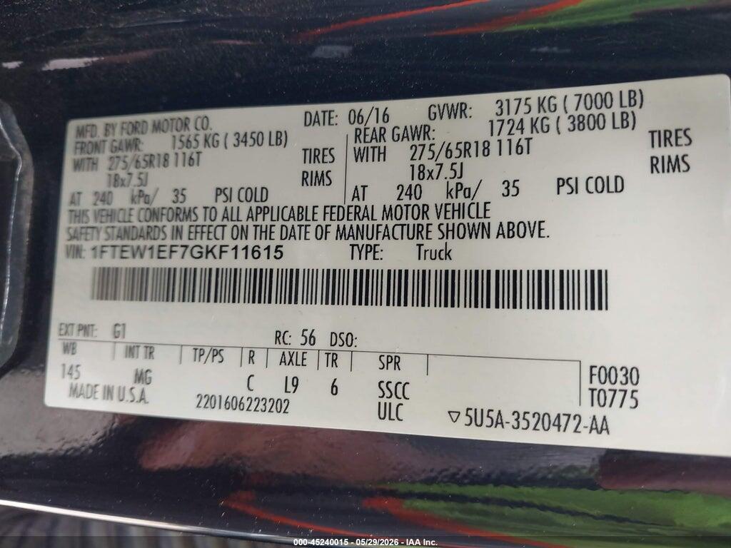 1FTEW1EF7GKF11615 2016 FORD F-150 photo no. 9