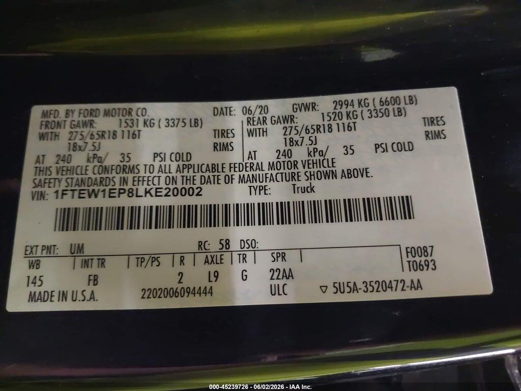 1FTEW1EP8LKE20002 2020 FORD F-150 photo no. 9