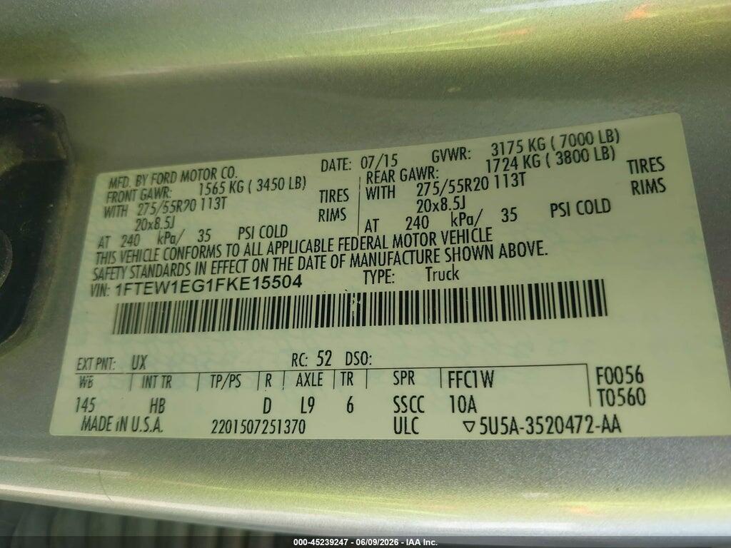 1FTEW1EG1FKE15504 2015 FORD F-150 photo no. 9