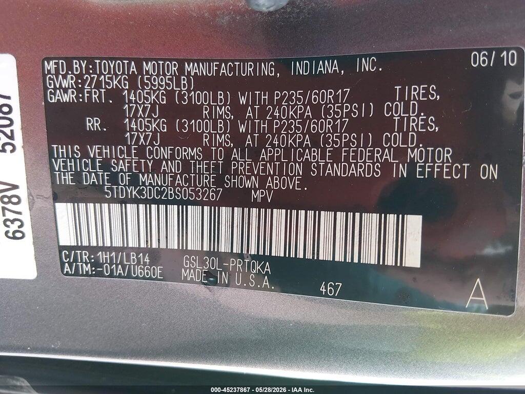 5TDYK3DC2BS053267 2011 TOYOTA SIENNA photo no. 9