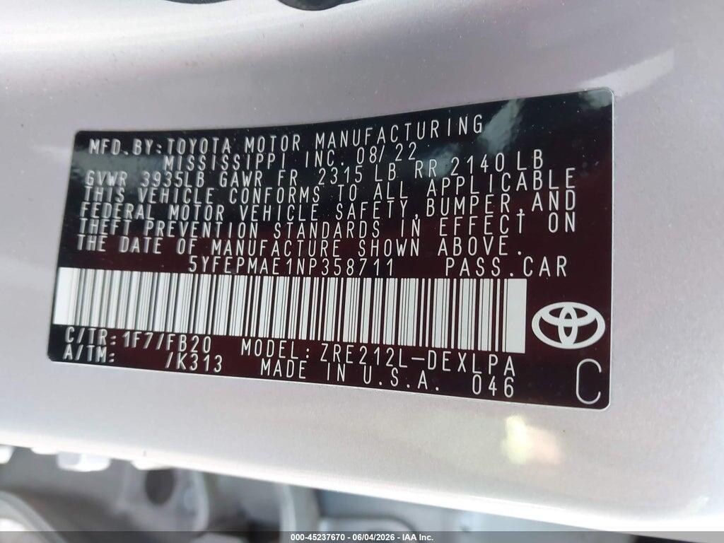 5YFEPMAE1NP358711 2022 TOYOTA COROLLA photo no. 9