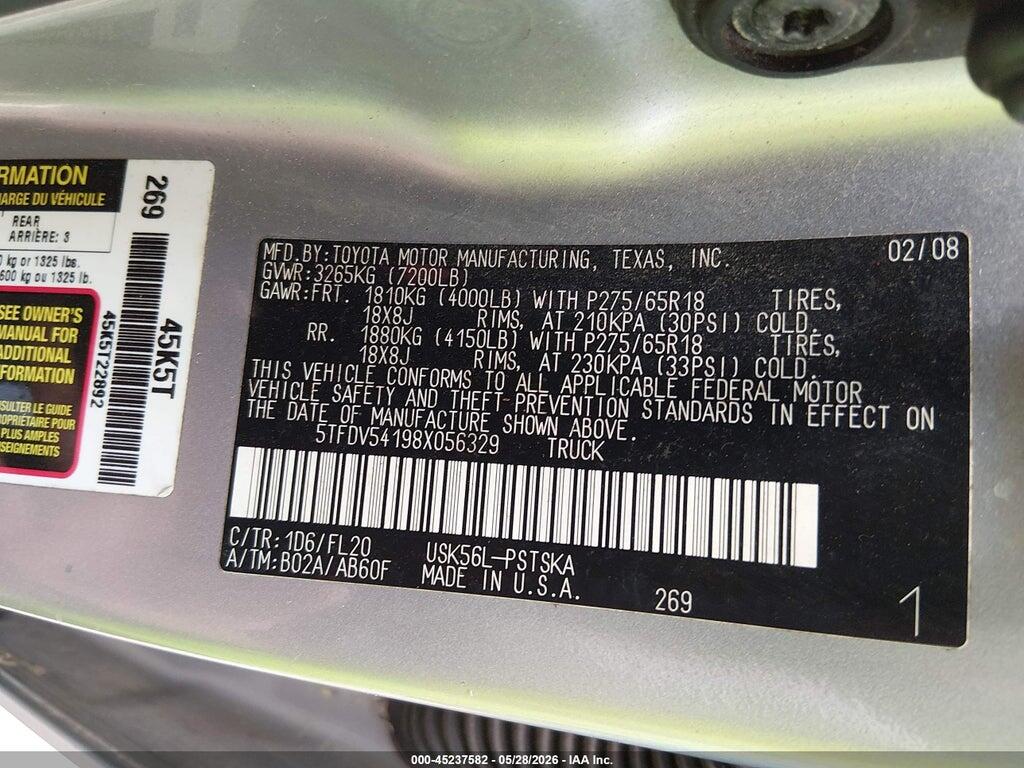 5TFDV54198X056329 2008 TOYOTA TUNDRA photo no. 9