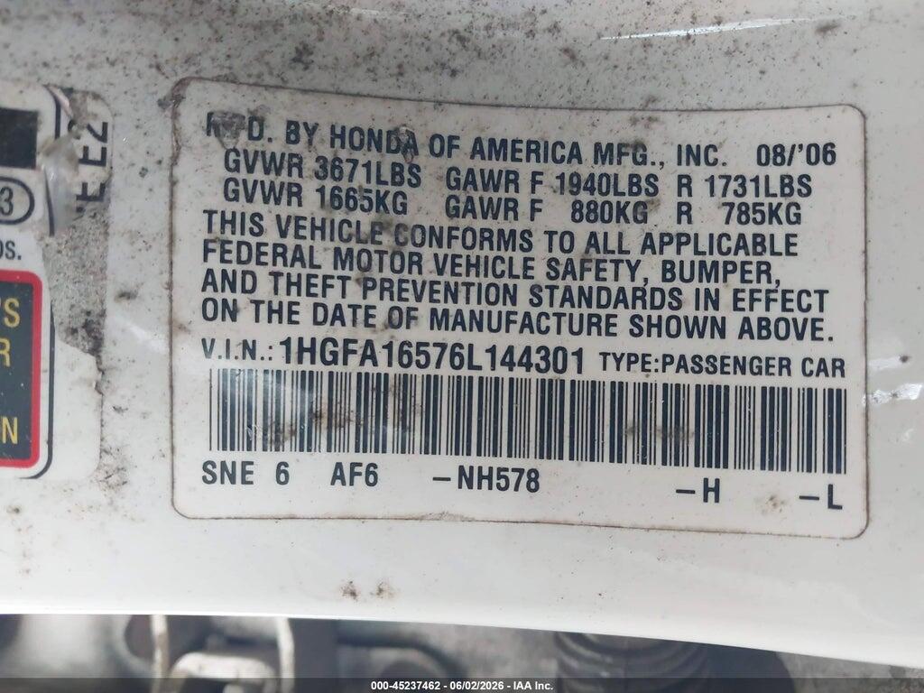 1HGFA16576L144301 2006 HONDA CIVIC photo no. 9