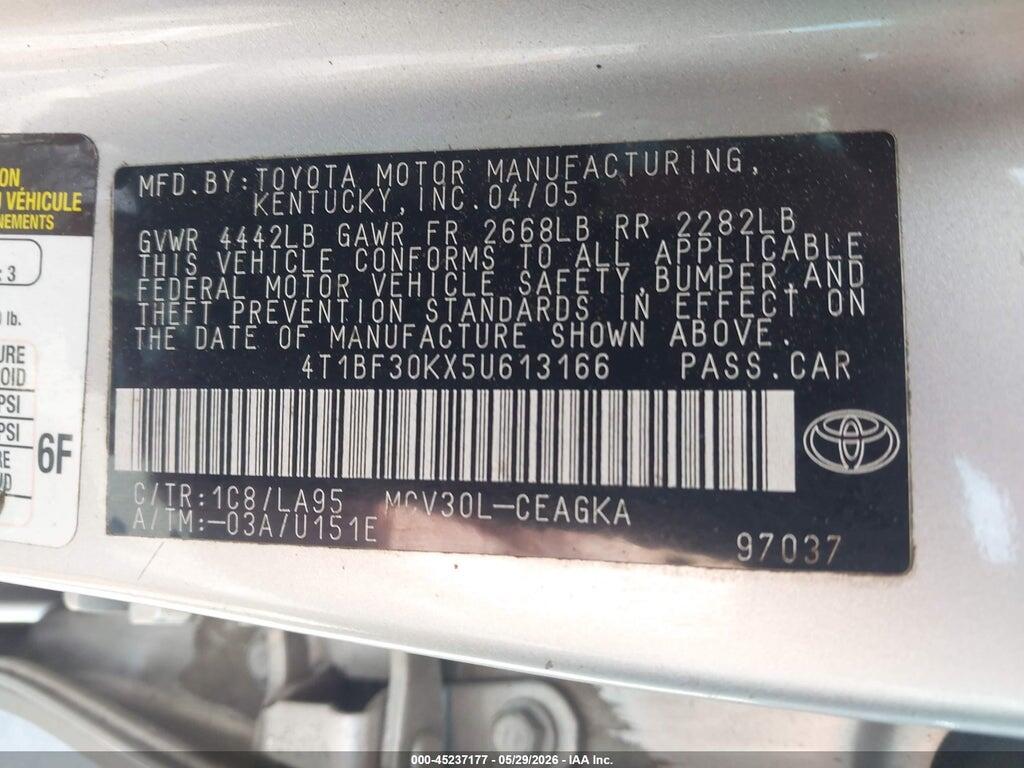 4T1BF30KX5U613166 2005 TOYOTA CAMRY photo no. 9