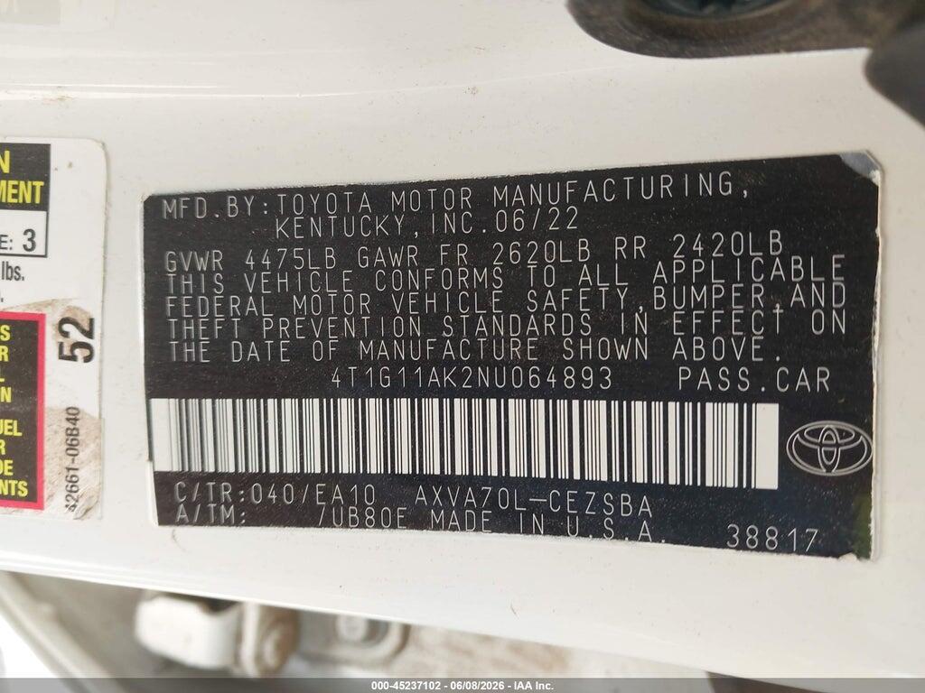 4T1G11AK2NU064893 2022 TOYOTA CAMRY photo no. 9