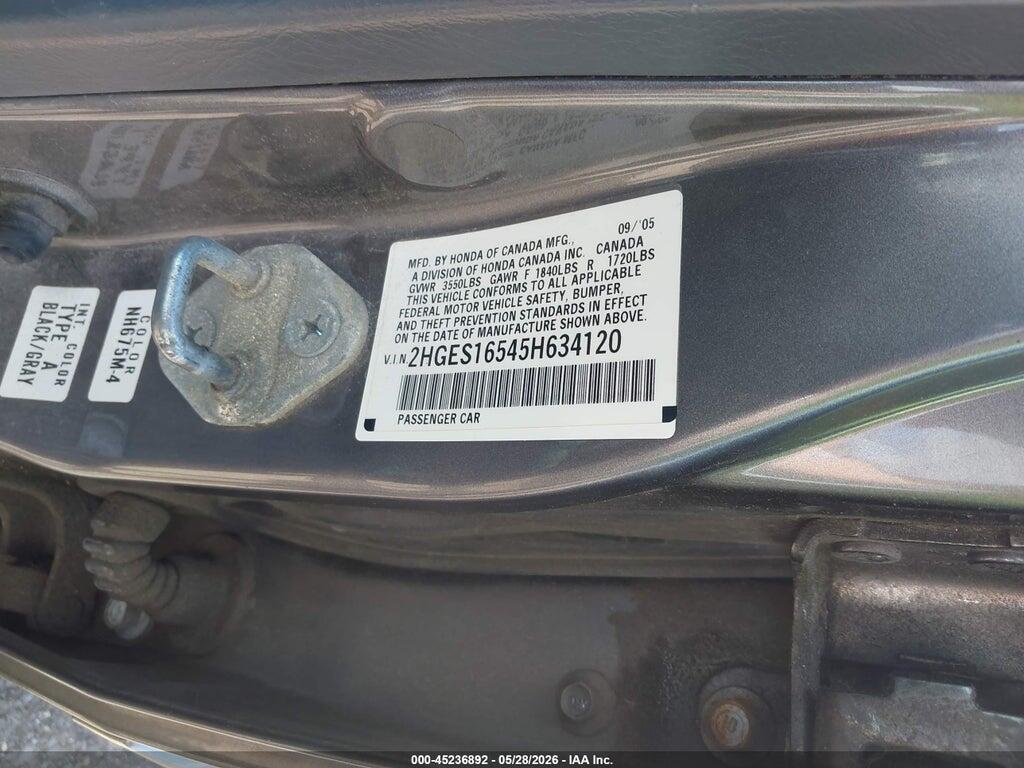 2HGES16545H634120 2005 HONDA CIVIC photo no. 9