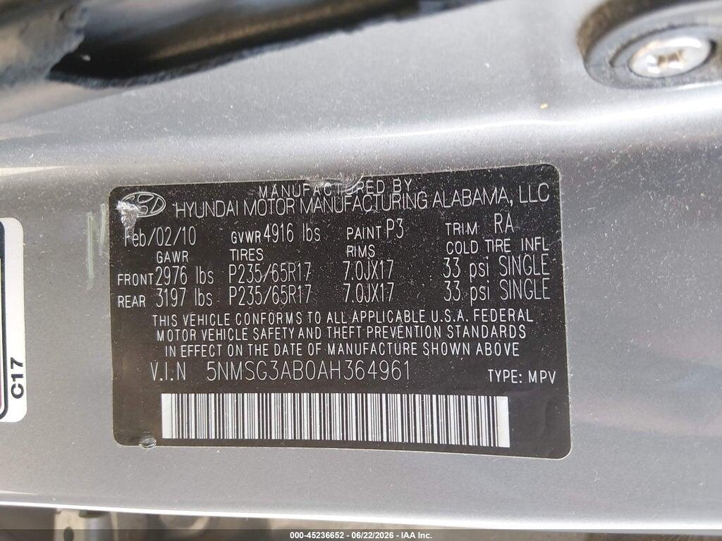 5NMSG3AB0AH364961 2010 HYUNDAI SANTA FE photo no. 9